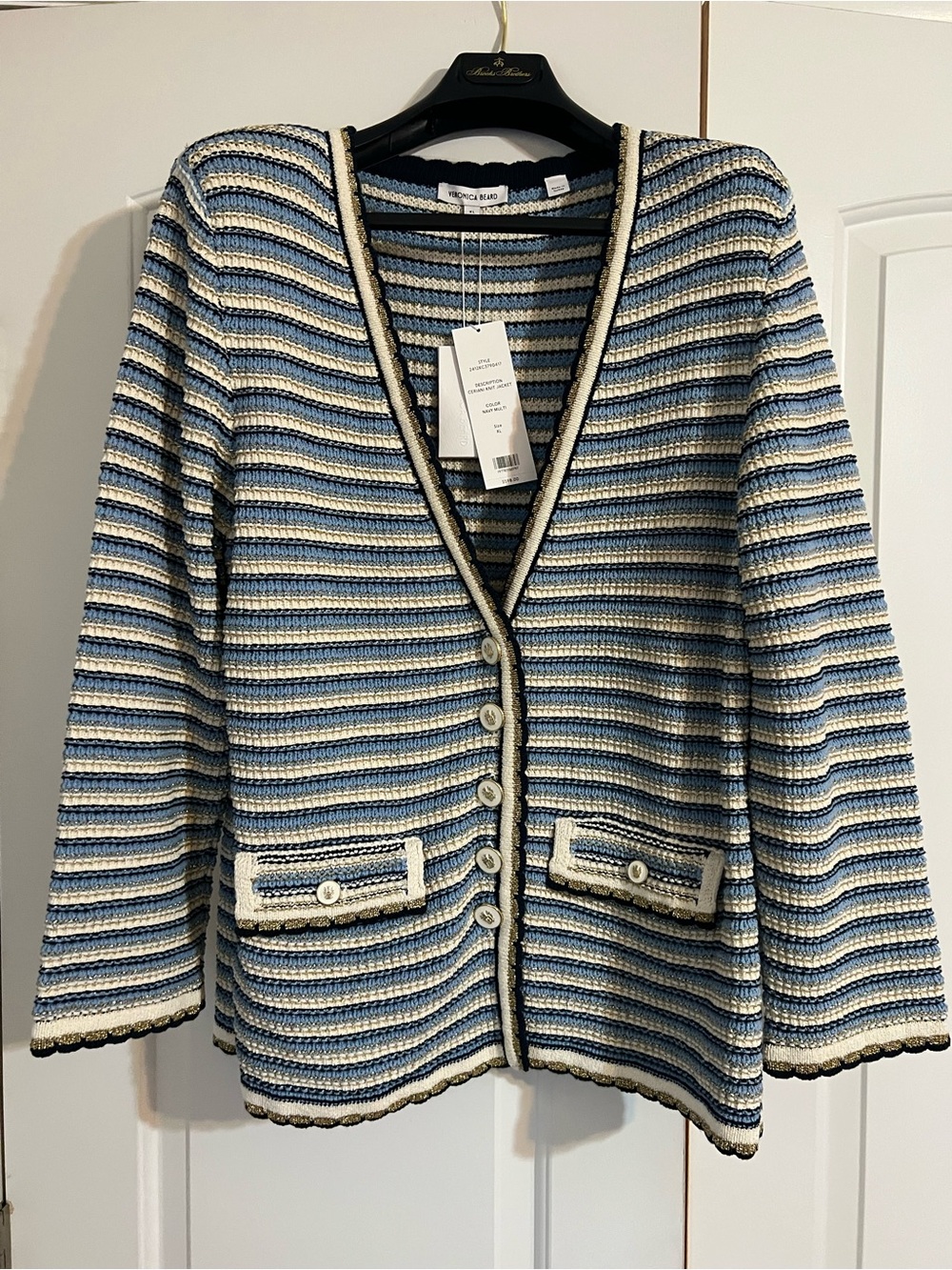 NWT Veronica Beard Blue and Cream Striped Knit Cardigan Sweater